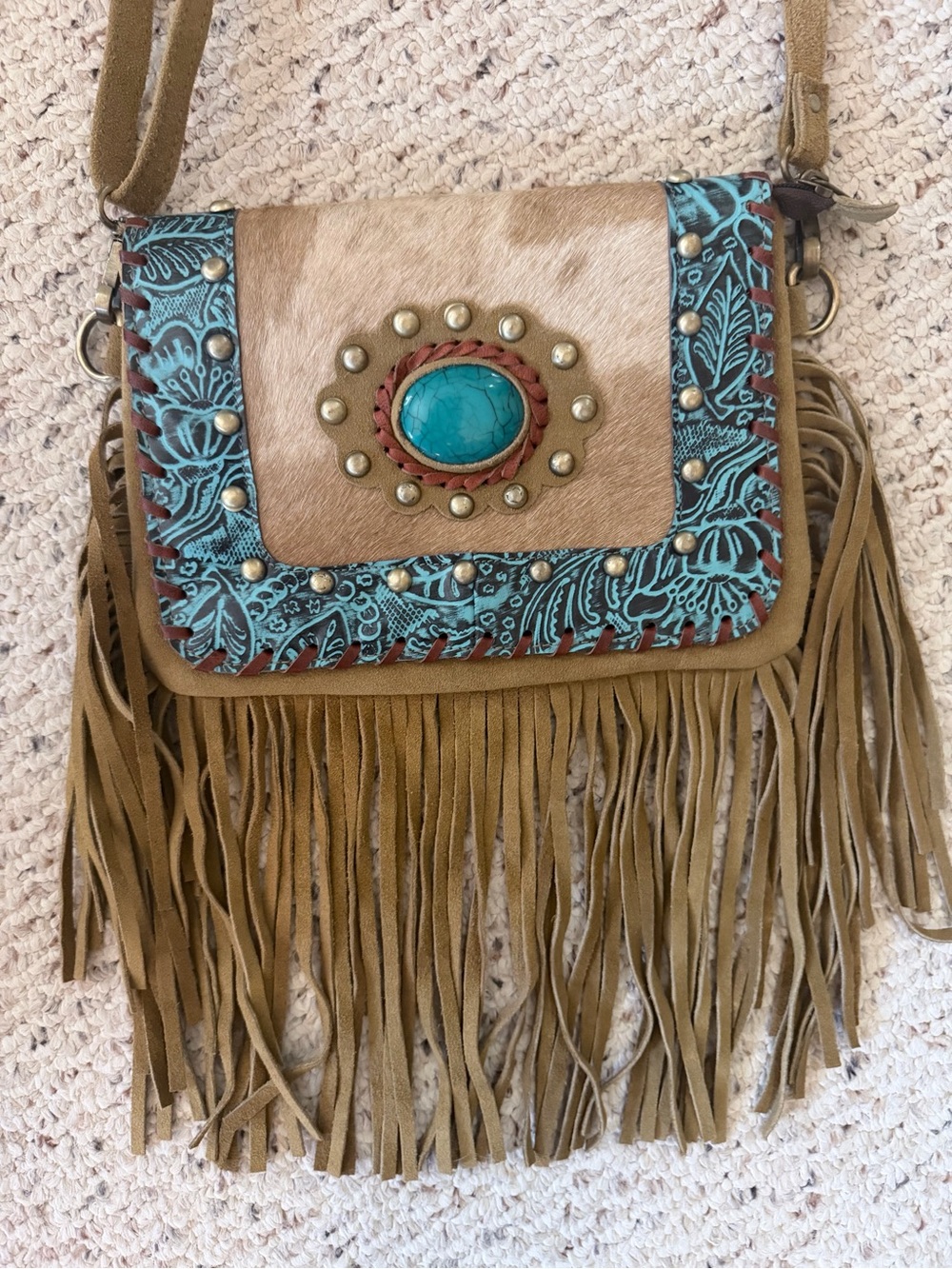 Suede Western Crossbody- Fringed Turquoise Accent